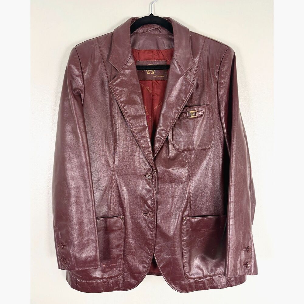 Vintage Etienne Aigner Oxblood Leather Blazer Jacket Womens 14 Button Coat